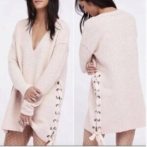 ** FREE PEOPLE PINK HEART IT TUNIC TIE SIDE SWEATER XS oversized vneck